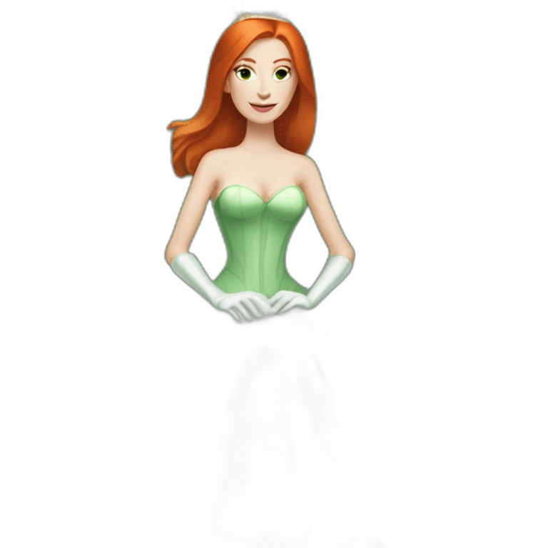 white skin redhead queen with straight hair wearing white gloves on her throne, wearing a green dress emoji