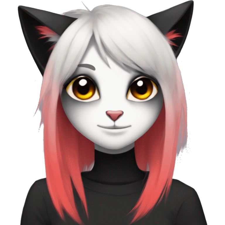 Anthro Edgy Cool Black Cat-Fursona with Emo Hair-bangs with Red Streaks emoji