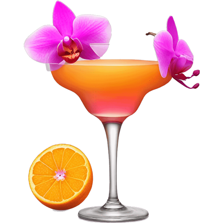 Orange cocktail with pink orchid garnish emoji