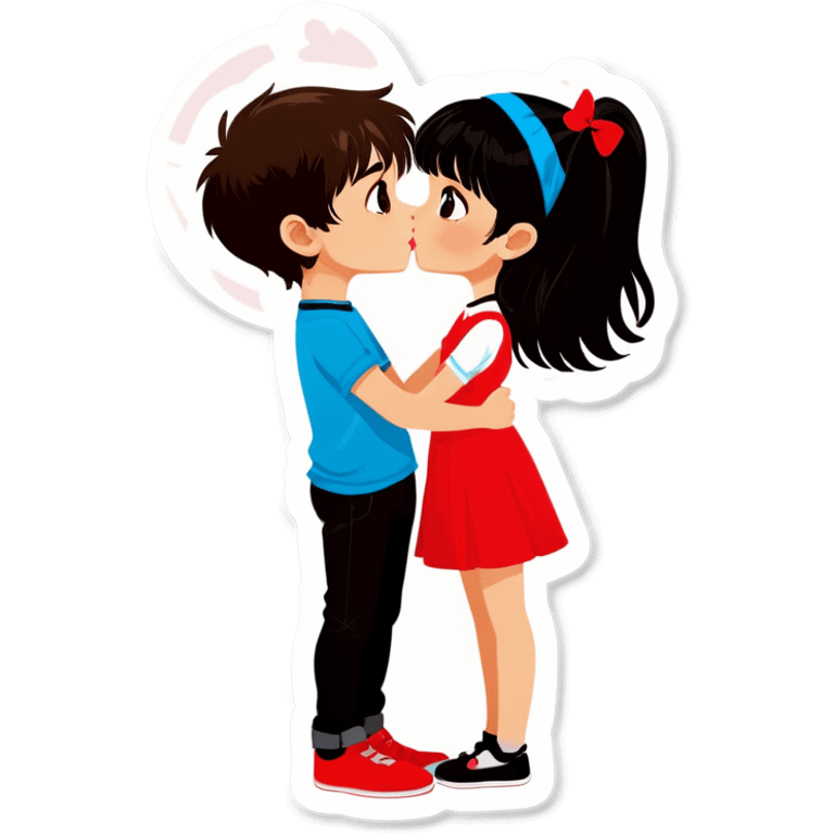 Boy with brown hair and girl with black hair and bangs, kissing emoji