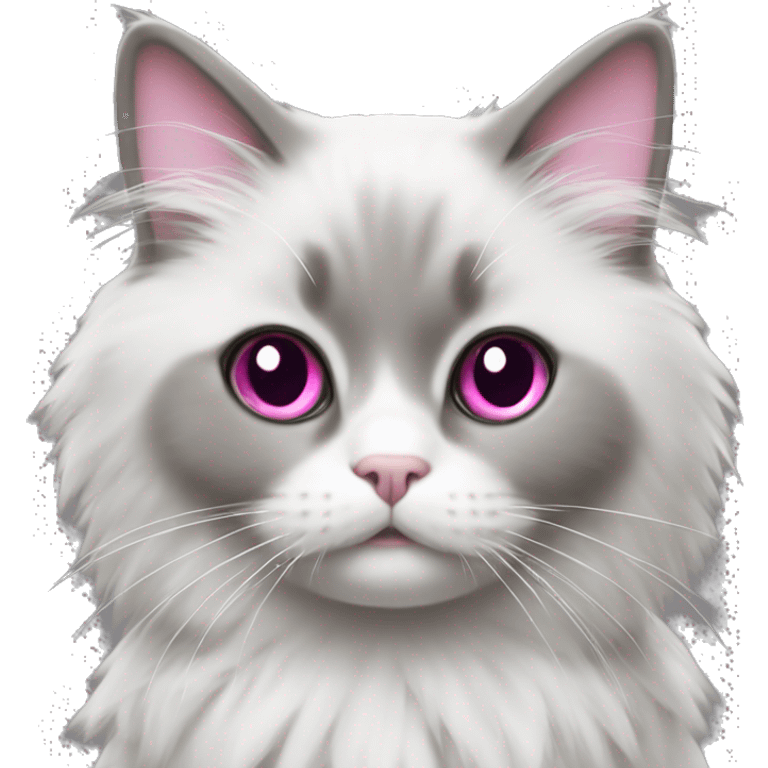 A gray ragdoll with a white bow,which has a pink heart on the middle of it emoji