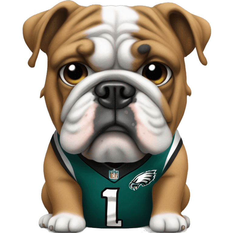 english bulldog wearing a philadelphia eagles jersey. make him sit down and have the view from the side/front emoji