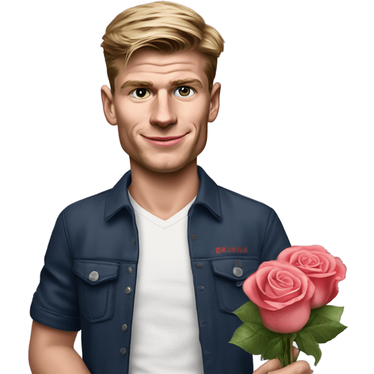 realistic photo of max verstappen in normal clothes holding roses and chocolates emoji