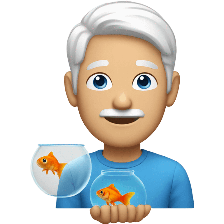 Man with white hair and blue eyes holding a goldfish emoji