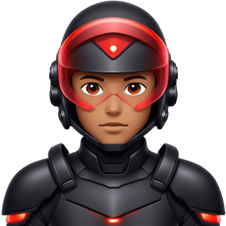 A futuristic soldier in sleek black armor, red LED lights reflecting on his visor. emoji