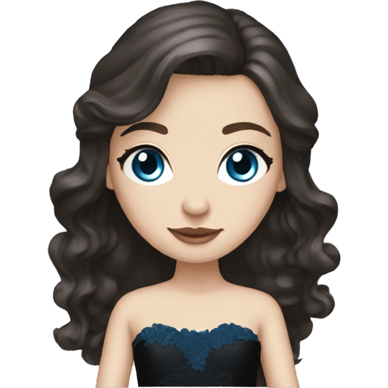 White Girl with wavy dark brown long hair, blue eyes in a black wedding dress emoji