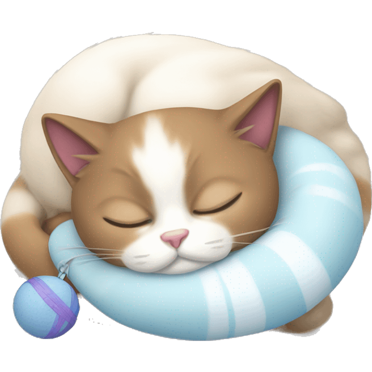 snowshoe cat sleeping with a toy emoji