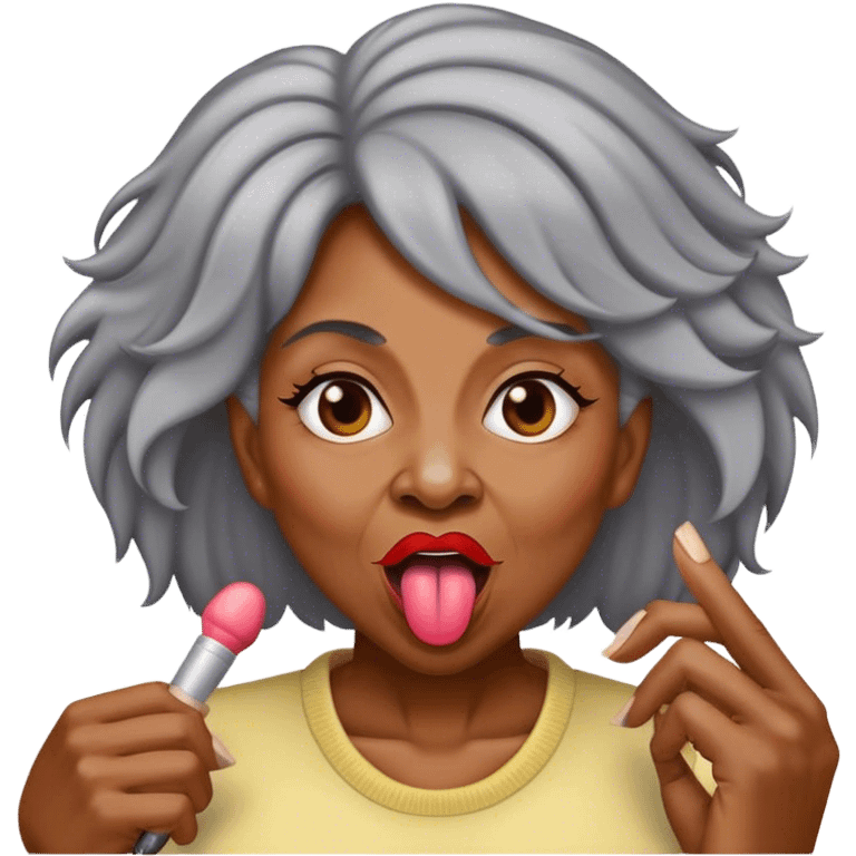 Older black woman with hair highlights sticking out her tongue emoji