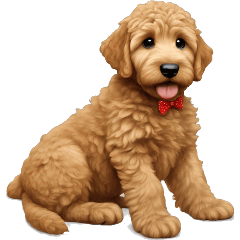 Ginger golden doodle. Baby. Full body sitting down. Red bow emoji