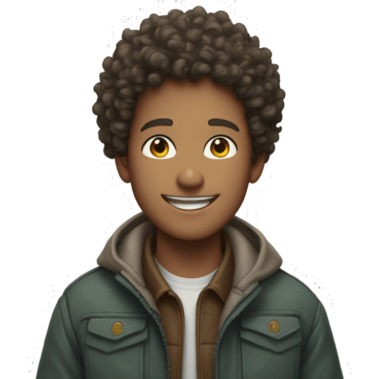 Curly haired boys smiling outdoors in jackets emoji