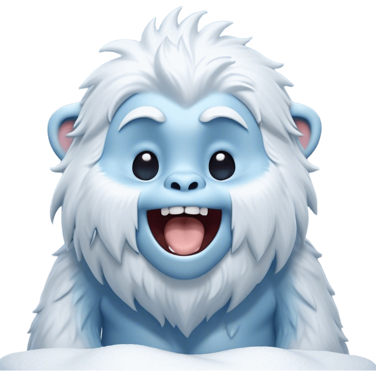 Cinematic Cute Yawning Yeti Portrait Emoji, with a charming, fluffy, snow-dusted figure in gentle whites and cool blues, head tilting back in a wide, endearing yawn with softly closed, peaceful eyes and a content little smile, simplified yet irresistibly adorable, highly detailed with a soft, frosty glow and outline capturing the serene slumber of a yeti! emoji