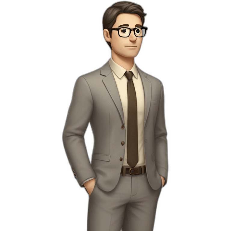 Full height Pale skinned Fit Man With dark brown hair in gray jacket, beige office shirt, tie, Brown pants and vintage glasses. Thrumbs of his palms directed up emoji