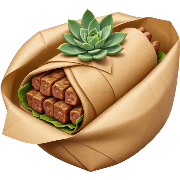 Gyros Cinematic Realistic Gyros Dish Emoji, depicted as succulent, spiced meat wrapped in paper for easy handling, rendered with lifelike textures and dynamic, warm lighting. emoji