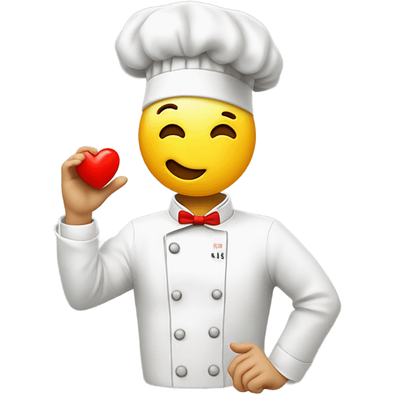 A yellow face emoji wearing a white chef’s hat content expression. It is making a chef’s kiss gesture with its hand, with fingers forming an ‘O’ shape. A small red heart floats near the face emoji