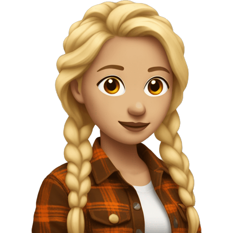 Woman turned around with blonde hair braided wearing a brown and orange flannel emoji