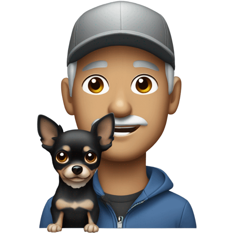 man with blue eyes gray hair gray goatee in ball cap holding black longhair chihuahua  emoji