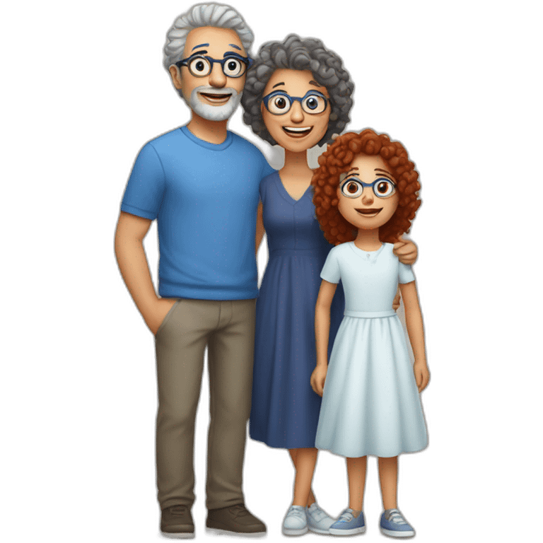 family of four father with gray hair mother with red curly hair and blue glasses son with brown hair and little daughter with curly brown hair emoji