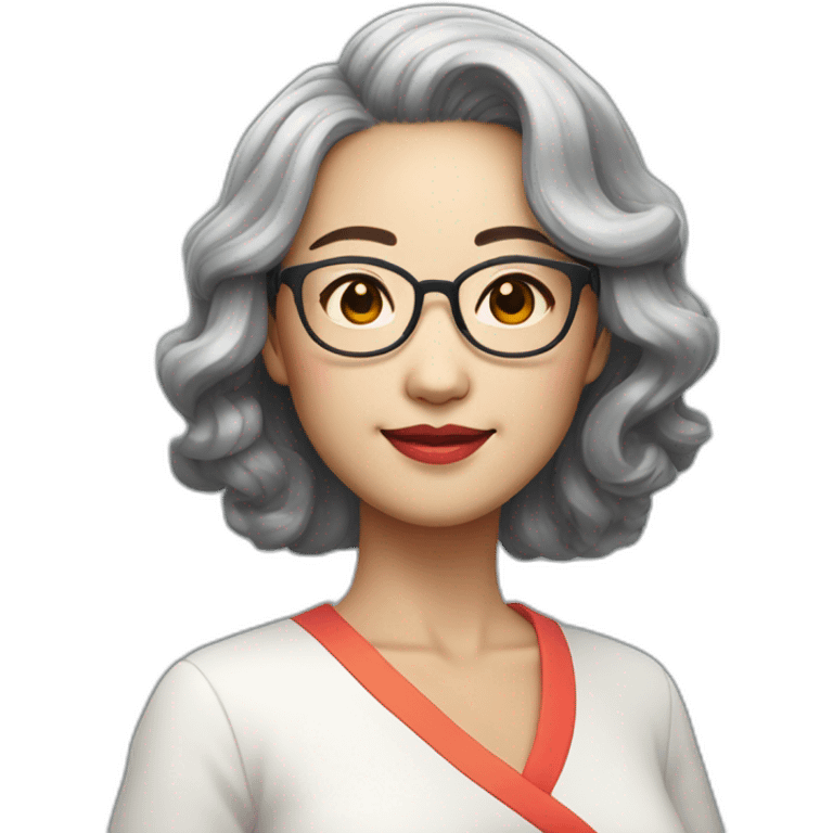 Chinese lady with like Lai gray hair wavy hair to the shoulder length where Chinese dress colourful dress wear glasses emoji