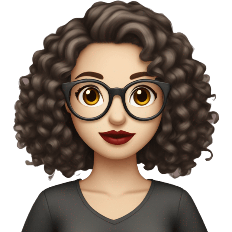 girl, dark brown hair, big lashes, big lips, curly hair, glasses, dark brown eyes, pale skin, red lips, long hair, holding starbusk emoji