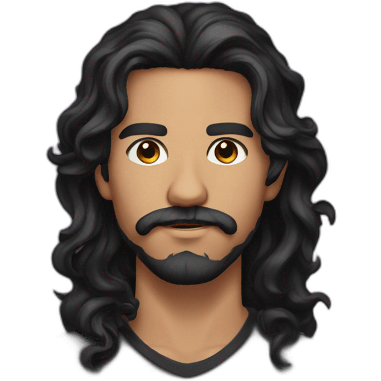 young latino man with long wavy black hair and black light beard and mustache  emoji