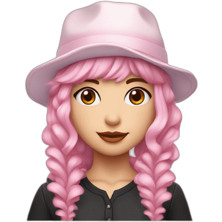 •	Pale pink hair 	•	Youthful facial features 	•	Casquette hat with frills 	•	Dress with lots of frills emoji