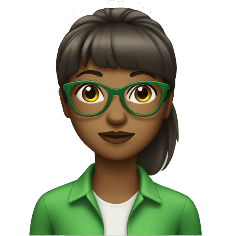 brown skin girl with straight bangs and green glasses emoji