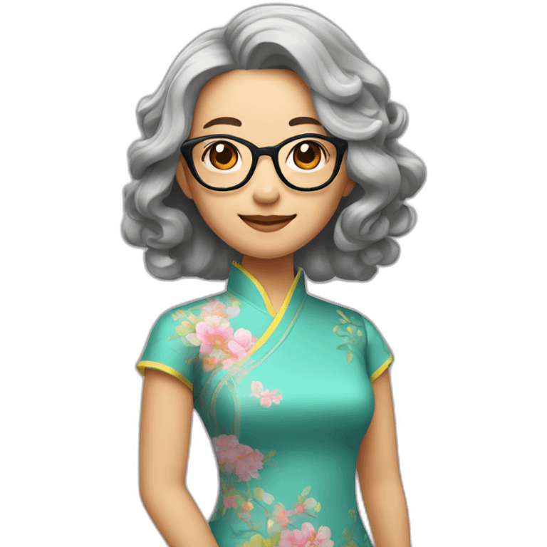 Chinese lady with like Lai gray hair wavy hair to the shoulder length where Chinese dress colourful dress wear glasses emoji