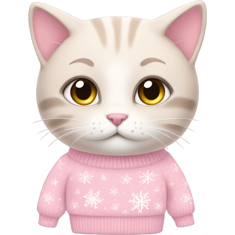 Kitty  wearing pastel pink  coquette sweater that has snowflakes on it emoji