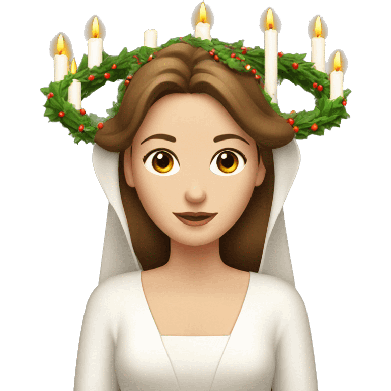 brown haired white women with white gown and advent wreath with long-candles on the head emoji