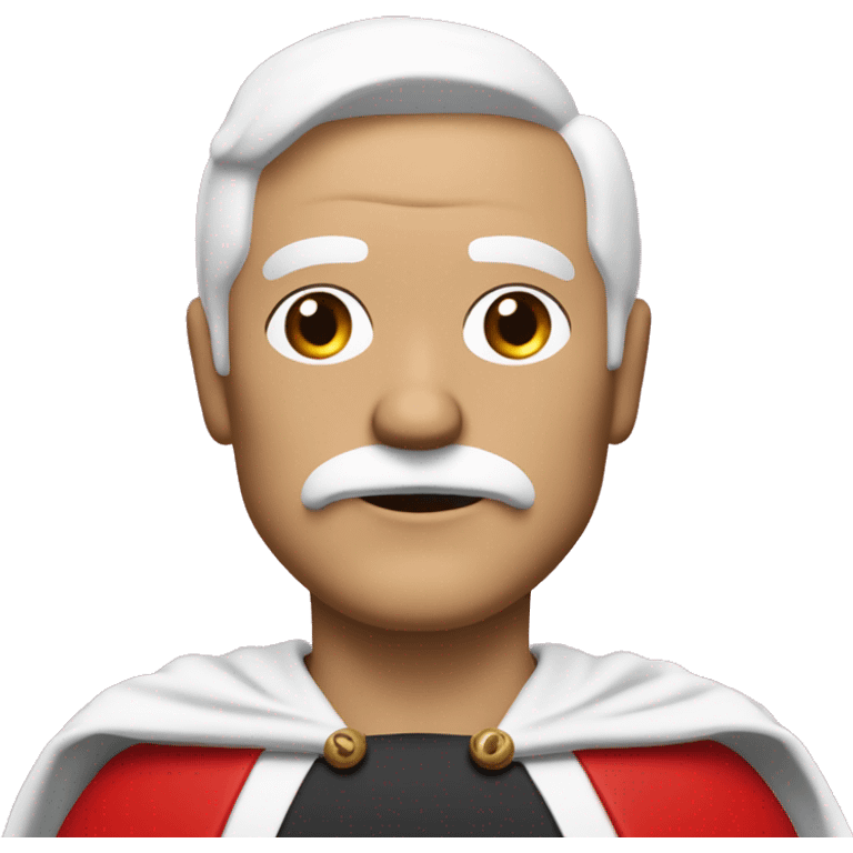 50 year old man with white temples but with black hair and black mustache wearing a red cape with a white super suit with a great red letter O in his chest  emoji