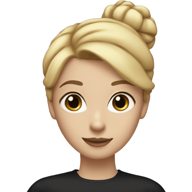 a woman with freckles, blue eyes, light skin, blonde straight hair with a bun. black shirt. emoji