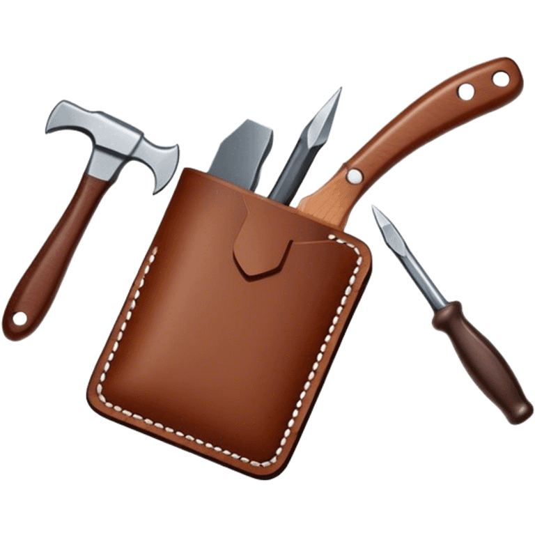 Leatherworking icon, piece of raw leather being crafted into a leather wallet or belt, professional tools like leather stitching awl, edge beveler, hammer, prying tool, minimalistic style, clean lines, transparent background. emoji