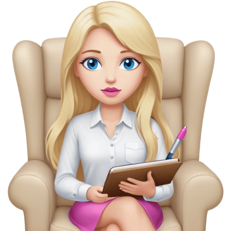 Cinematic realistic blonde with long hair, blue eyes and pink lips, sitting in a beige armchair with a notebook and pen in her handsshirt, sits in a beige armchair with a notebook and pen in her hands emoji