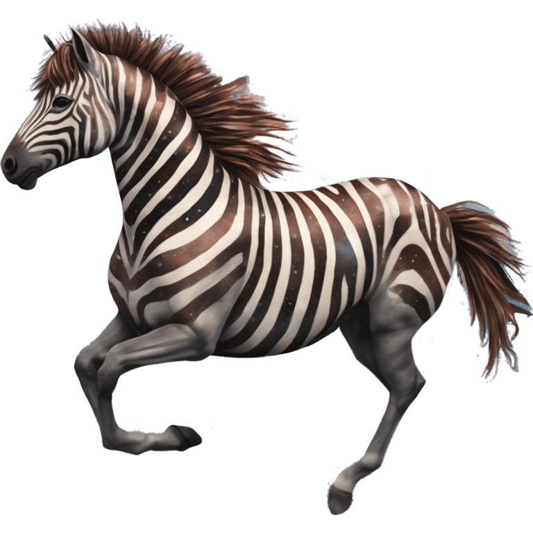 Ethereal zebra newspaper cutting flowers graffiti magazine collage glittering iridescent rich chestnut brown blue mane horse galloping through constellations and nebulas, unicorn Pegasus emoji