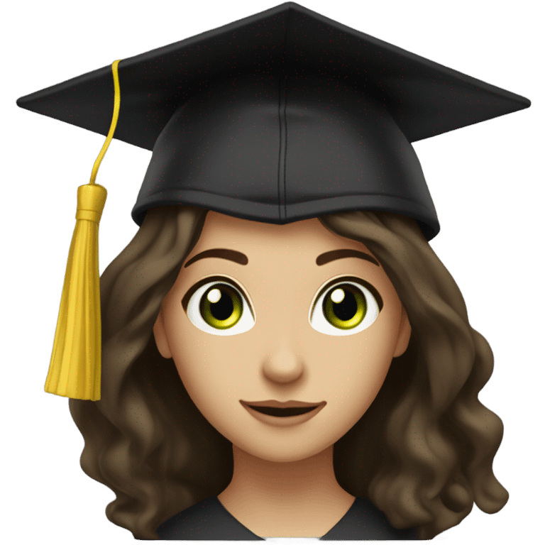 An emoji representing a brunette girl with green eyes and long, slightly wavy hair. She wears a black graduation cap on her head, symbolizing academic success. Her expression is soft and proud. emoji