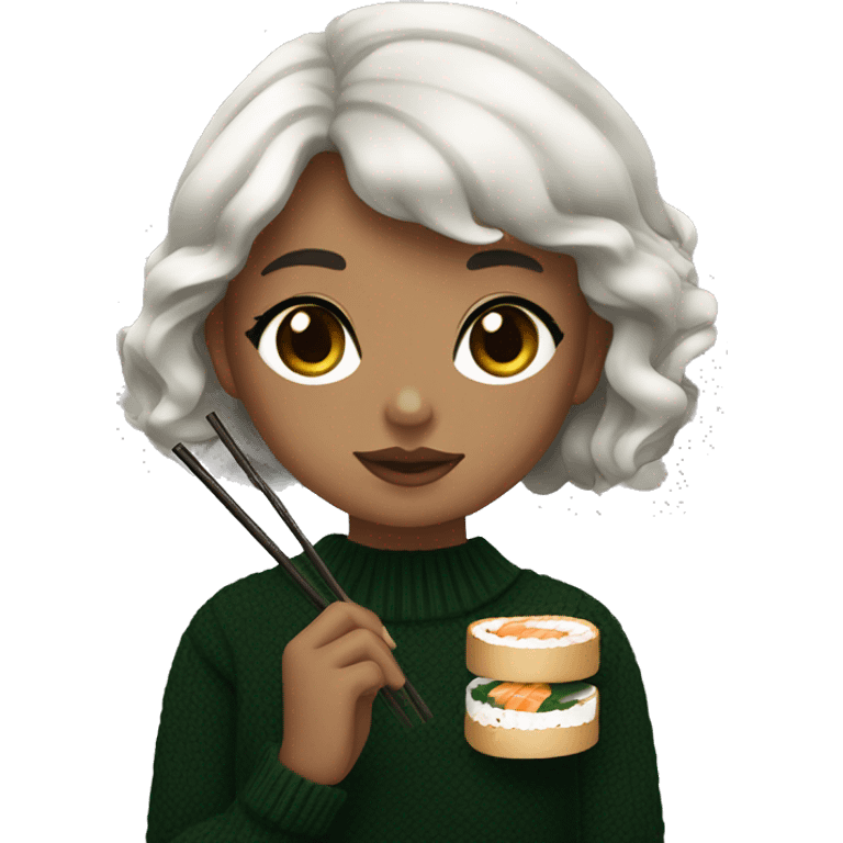 A girl with medium skin tone, dark brown short wavy hair, dark brown eyes, black nails, dark green sweater, black nails, eating sushi with chopsticks emoji