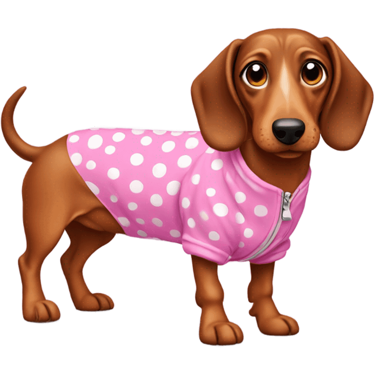 Spotted Wiener dog in a pink jumpsuit emoji