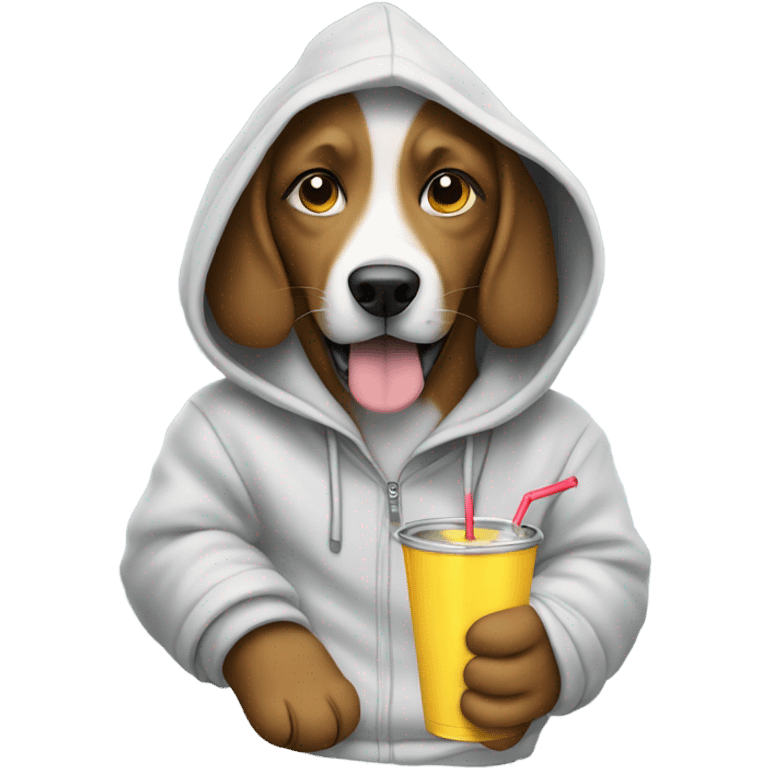 Dog wearing a hoodie with a drink in its hand emoji