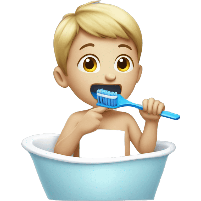 child brushing teeth with blue toothbrush, realistic style emoji