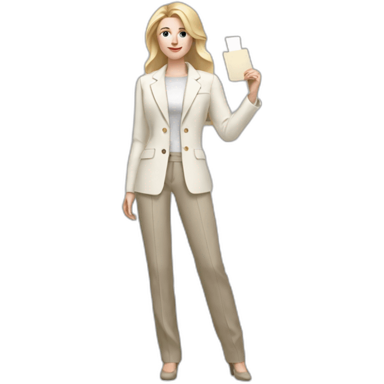 Full height pale skin woman with blonde Straightened Hair to shoulders, White classical jacket, beige Arrow pants and gray blouse holding a color palette in the hands emoji