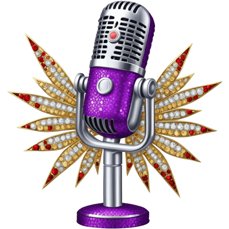 Create a glamorous and vibrant emoji representing stage vocal performance. The design should feature a humanless collage of classic vintage microphone, stage costume covered in rhinestones, sparkling brightly. The costume should be stylized, with glittering elements like sequins and sparkles, and reflect the glitzy, extravagant nature of show business. The microphone should have a sleek, retro look with chrome or metallic accents. Use rich, dazzling colors like gold, silver, deep purple, and bright red to evoke the glamorous, larger-than-life feel of a stage performance. The background should be transparent. emoji