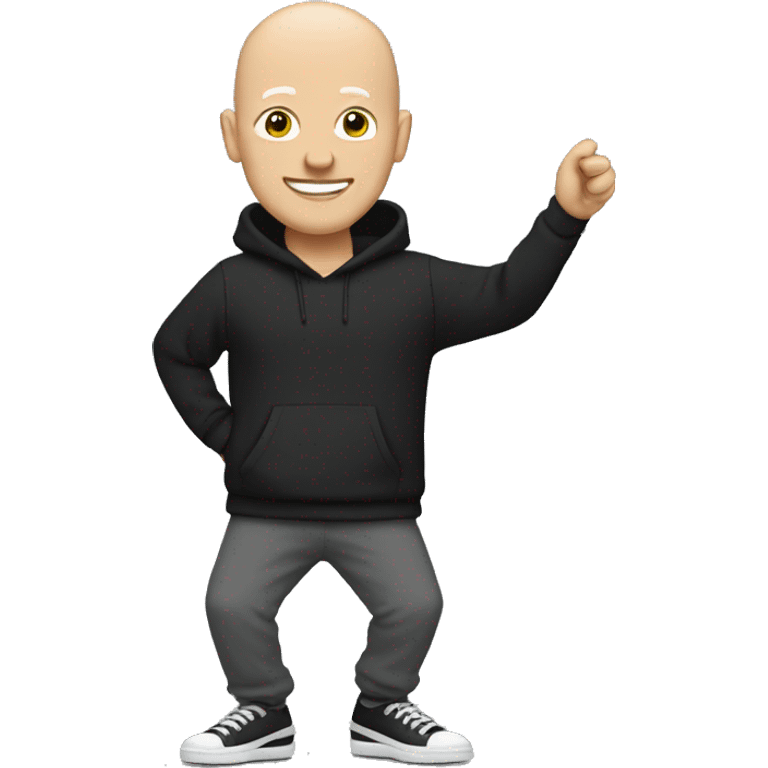 a bald white man, with a black sweater and gray jogging pants and dancing shoes emoji