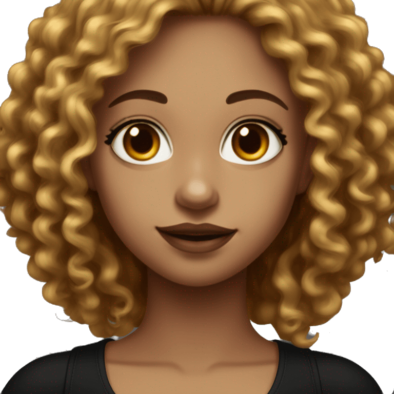 Female with long curly cherry chocolate hair, burgundy eyes and light skin. She wears eyeliner and mascara, a black tank top and gold jewelry emoji