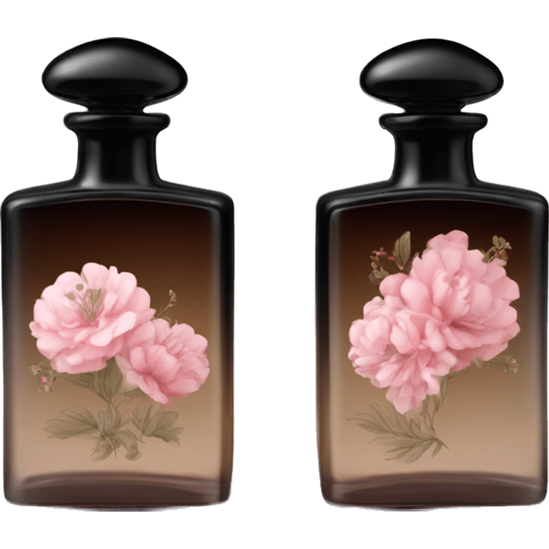 Two English vintage glass perfume bottles from my aristocratic grandmother, exquisite bottle shape, old and shabby, with label, stylish and minimalistic, black and brown with pink gradient, with little herbal and flowers  emoji