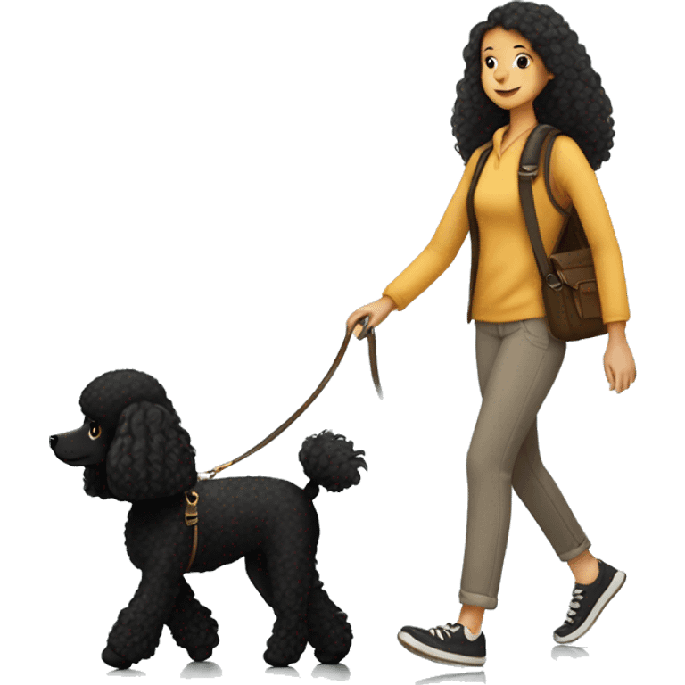 3 legs One Small unshaved Black Poodle with brown harness is walking with a black long hair pretty girl emoji