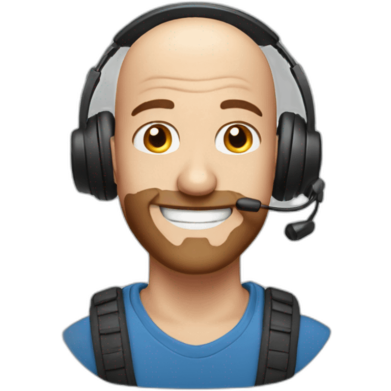 bald man smiling with reddish patchy beard blue eyes wearing a headset emoji