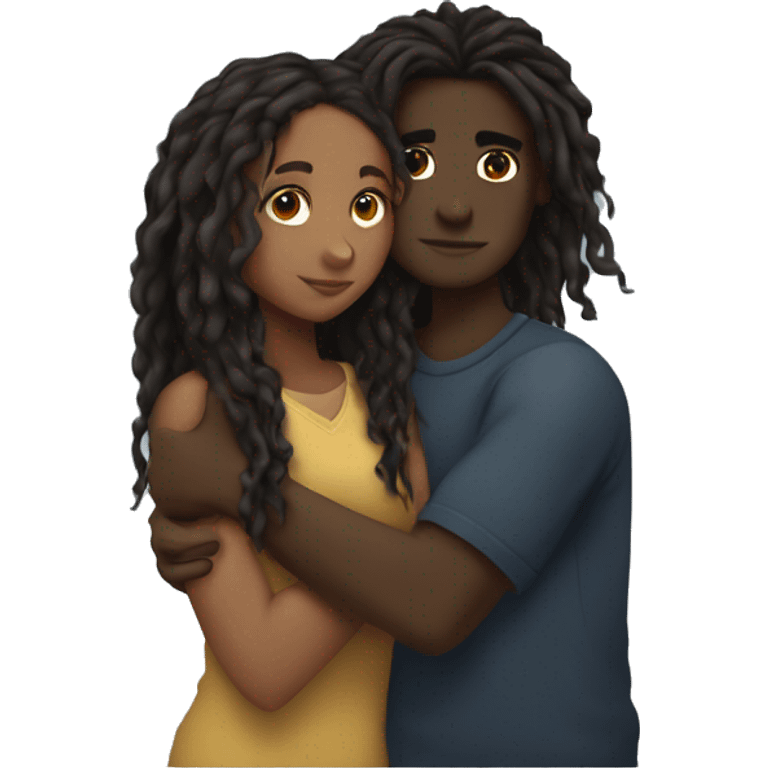 Brown girl with wavy hair hugging black boy who has dreads  emoji