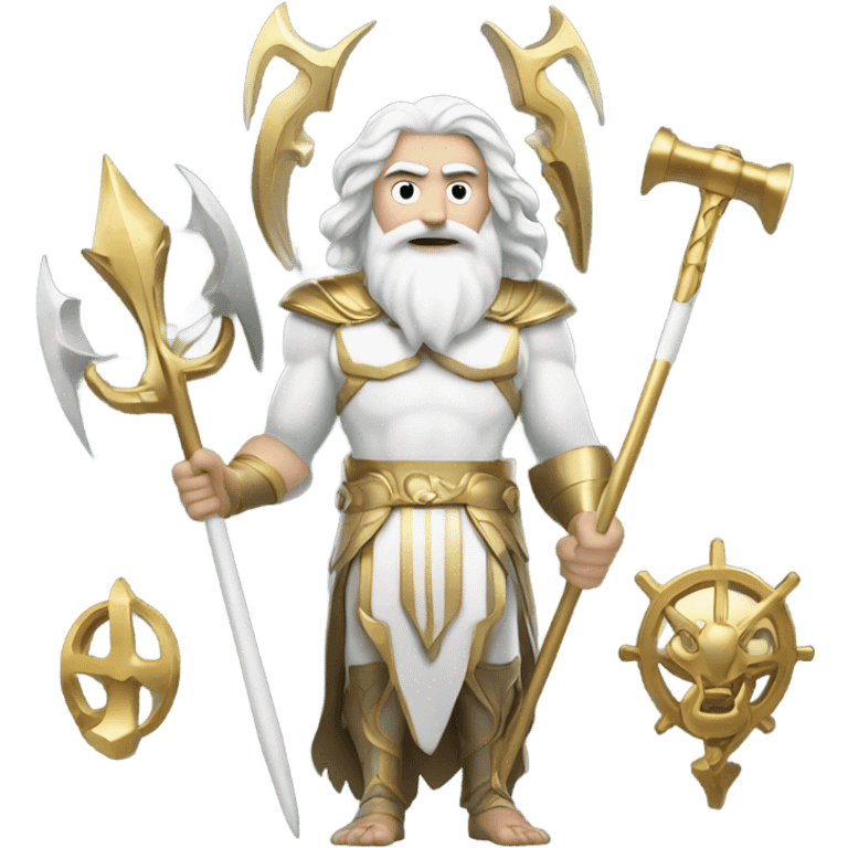 white man Poseidon with gold Trident. long white hair white dress.  with mechanic tools emoji