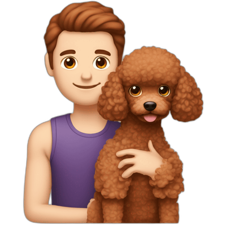 Dark brown haired white man without beard and Red haired white girl with straight hair holds red toy poodle emoji