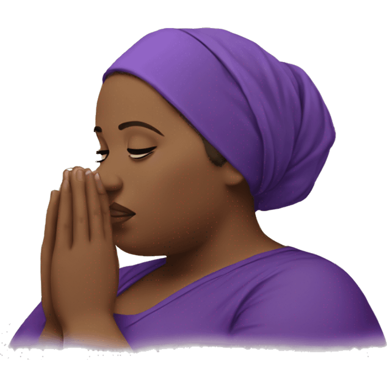 Dark Plus size woman praying with purple head wrap   emoji